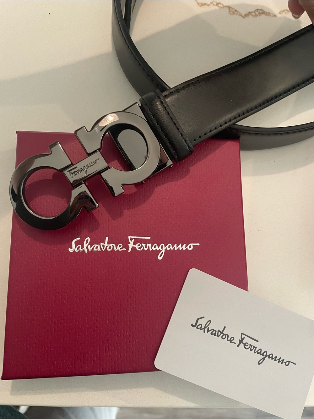 Salvatore Ferragamo Belt Set Black Leather Gunmetal Black Buckle 46/115 Italy